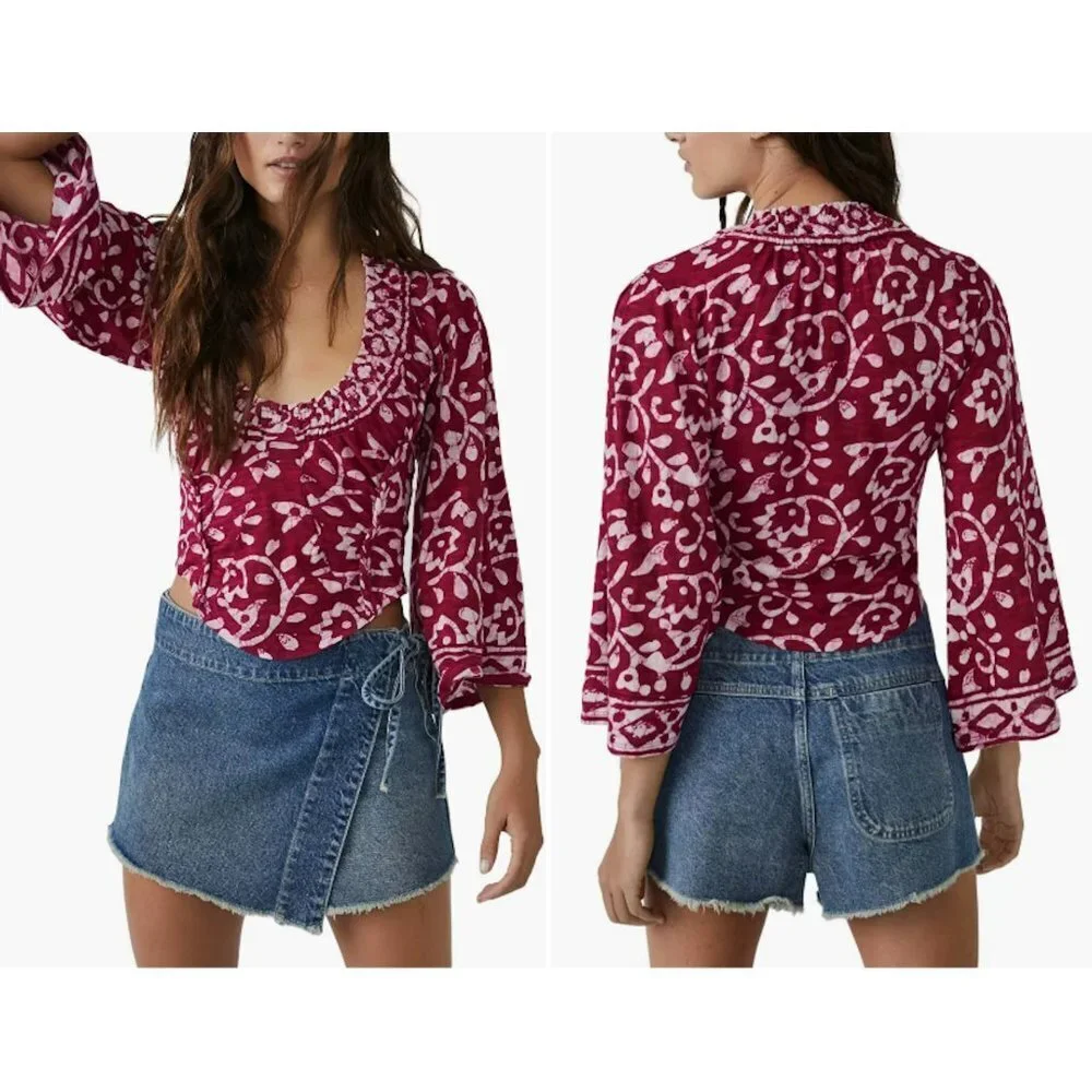 New Free People On the Block Bell Sleeve Berry Combo Cotton Top Size L
